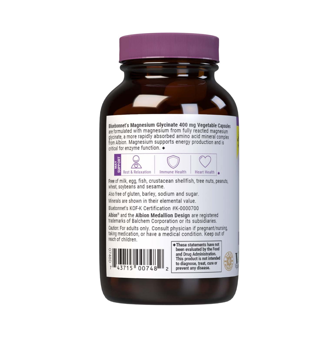 Bluebonnet Magnesium Glycinate, Energy Production*, Enzyme Function*, Non-GMO Certified by NSF, Vegan, Kosher Certified, Gluten-Free, Soy-Free, Dairy-Free, 60 Vegetable Capsules, 15 Servings