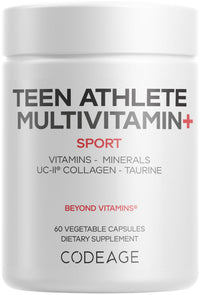 Thumbnail for Codeage Teen Athlete Multivitamin+ Sports Supplement - Creatine, Methylated B Vitamins, Taurine, UC-II Collagen, Ferrochel Iron, Ashwagandha, Magnesium, Electrolytes - Non-GMO - 60 Capsules