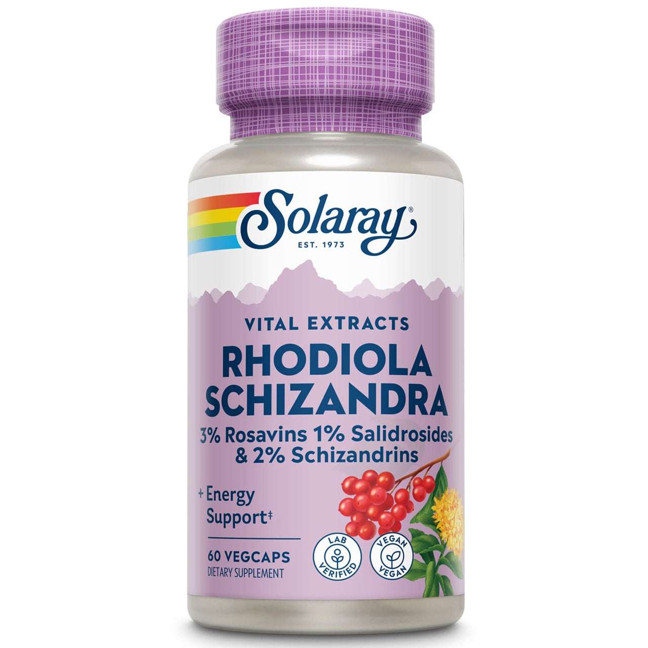 SOLARAY Rhodiola Schizandra - Rhodiola Rosea Extract - Energy Support and Occasional Stress Relief Supplement - Vegan, Lab Verified, 60-Day Guarantee - 60 Servings, 60 VegCaps