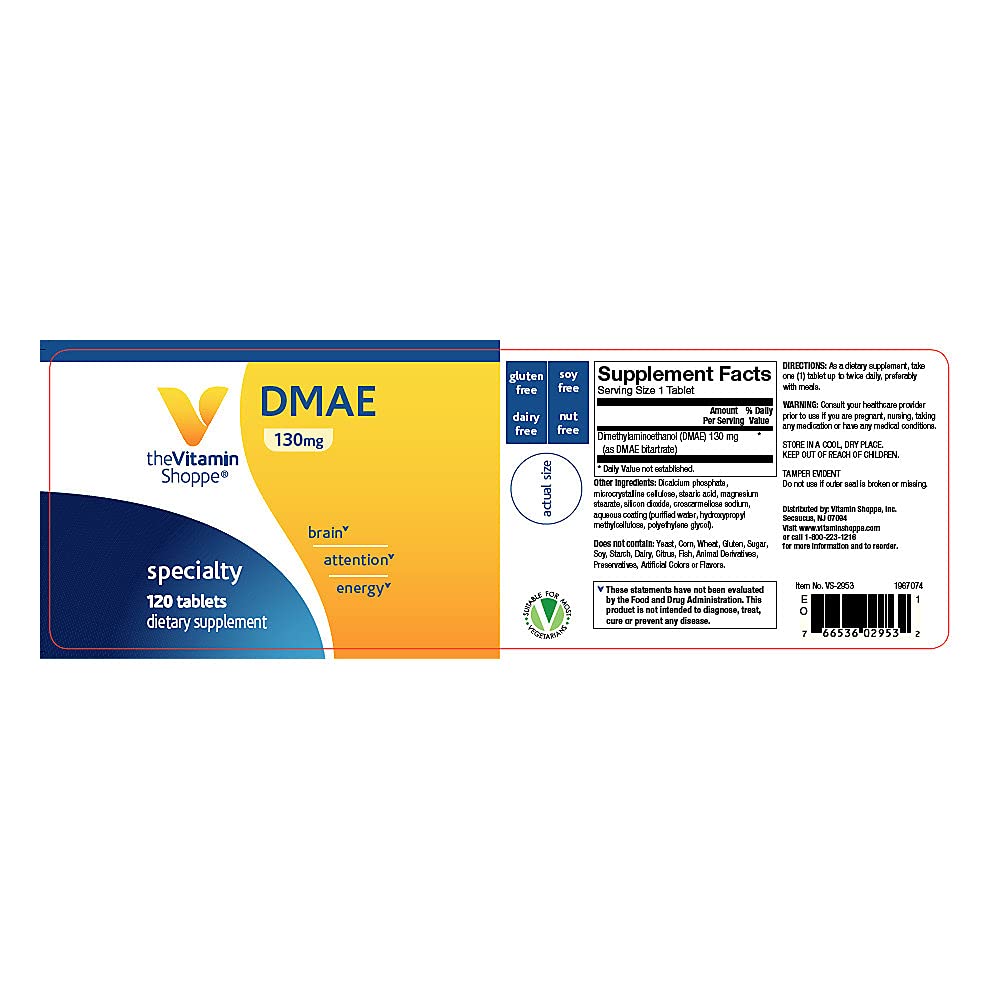 The Vitamin Shoppe DMAE 130MG (DIMETHYLAMINOETHANOL), Supports Brain, Focus, Attention and Energy Supplement (120 Tablets)