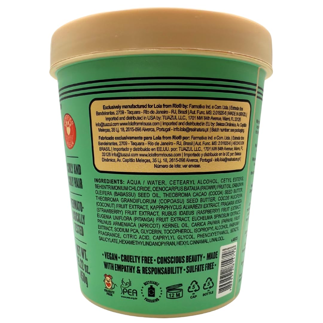 Lola From Rio - Meu Cacho Minha Vida - Moisturizing Hair Mask for Dry, Damaged Curly Hair, Restores, Repairs Hydrates, Moisturizes, Deep Conditioning Treatment 15.87 Fl Oz
