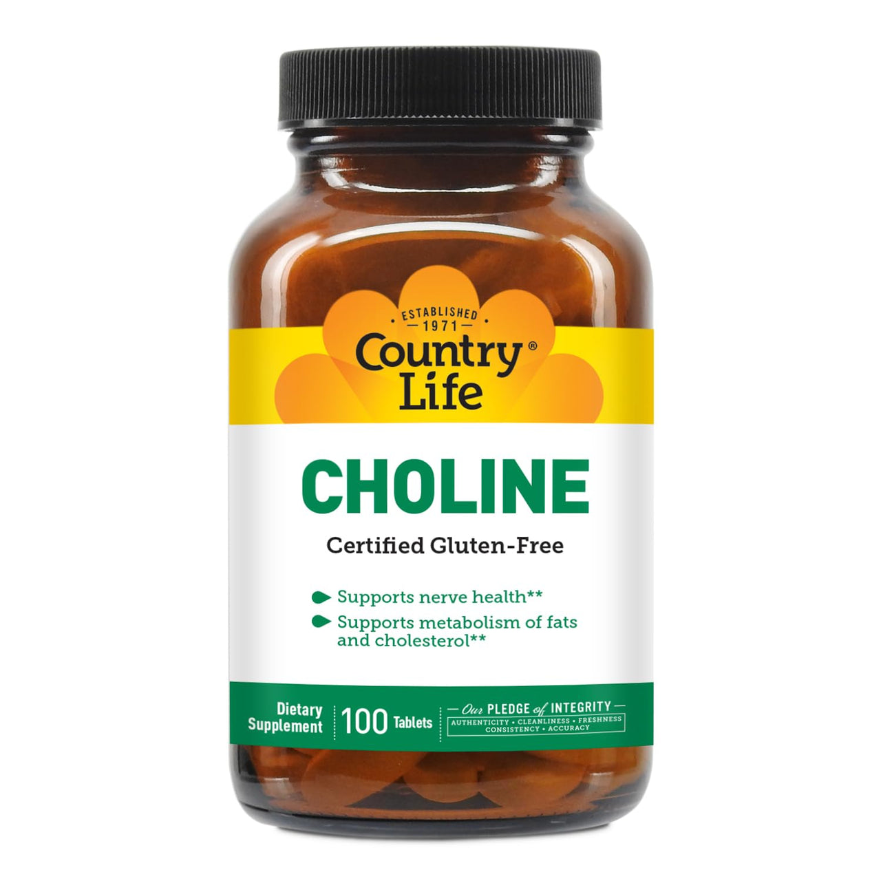 Country Life Choline 266mg, Certified Gluten Free, Vegan, Halal - 100 Tablets