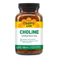 Thumbnail for Country Life Choline 266mg, Certified Gluten Free, Vegan, Halal - 100 Tablets