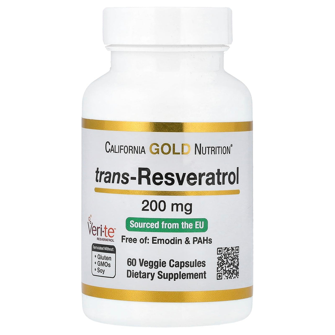 Resveratrol, 98% Pure Trans-Resveratrol, Free of Emodin & PAHs, Italian Sourced, 200 mg, 60 Veggie Capsules