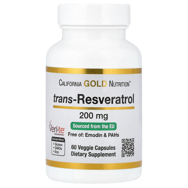 Resveratrol, 98% Pure Trans-Resveratrol, Free of Emodin & PAHs, Italian Sourced, 200 mg, 60 Veggie Capsules