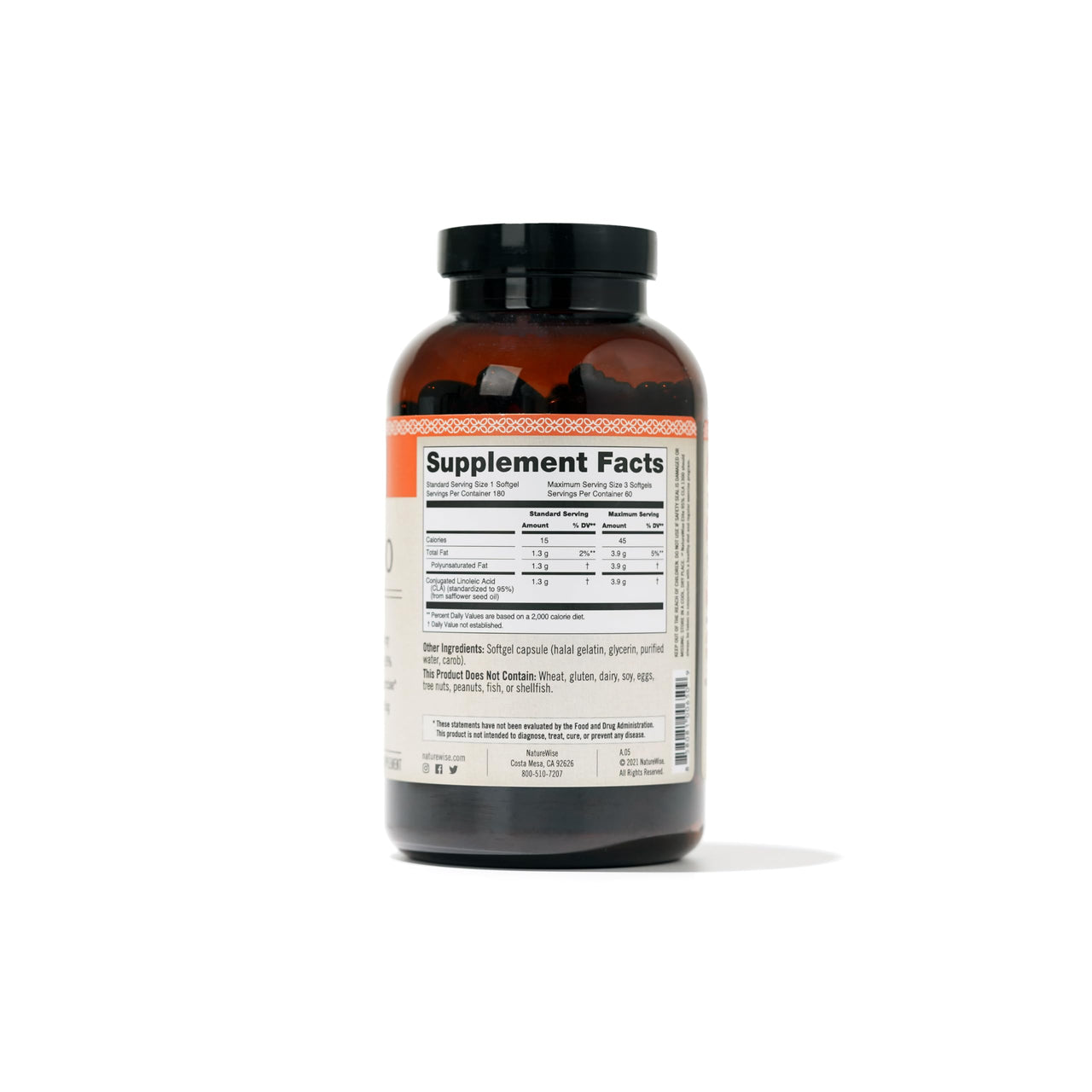 NatureWise CLA 1300 - 95% Active Conjugated Linoleic Acid for Women and Men, Not Stimulating, Supports Weight & Fitness Goals - Non-GMO, Gluten Free - 180 Softgels[2-Month Supply]