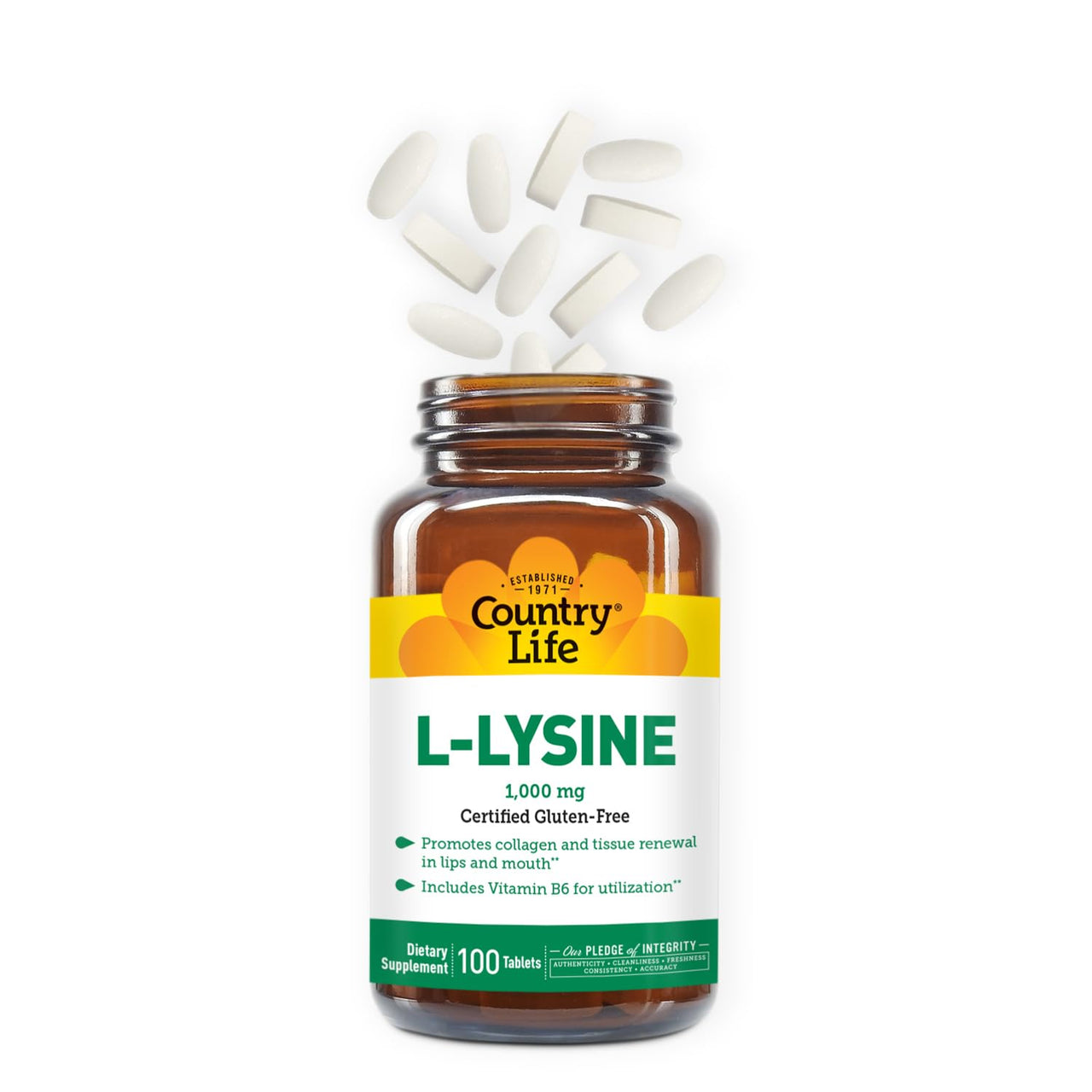 Country Life L-Lysine 1000mg with B-6, Supports Immune Health, Promotes Collagen Renewal in Lips and Mouth, 100-Count, Certified Gluten Free, Certified Vegan