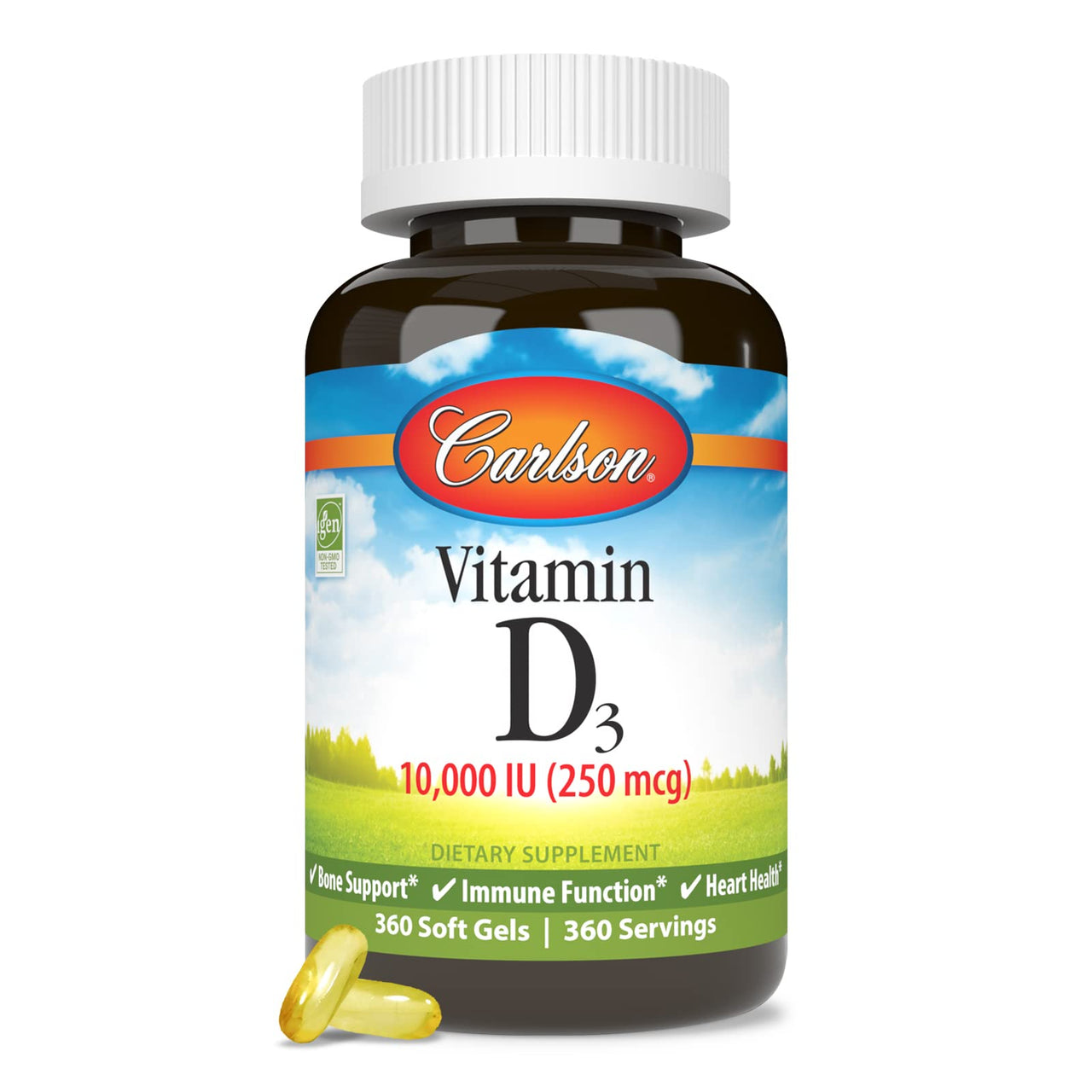 Carlson Vitamin D3 10,000 IU (250 mcg), Cholecalciferol, Bone & Immune Health, 360 Soft Gels