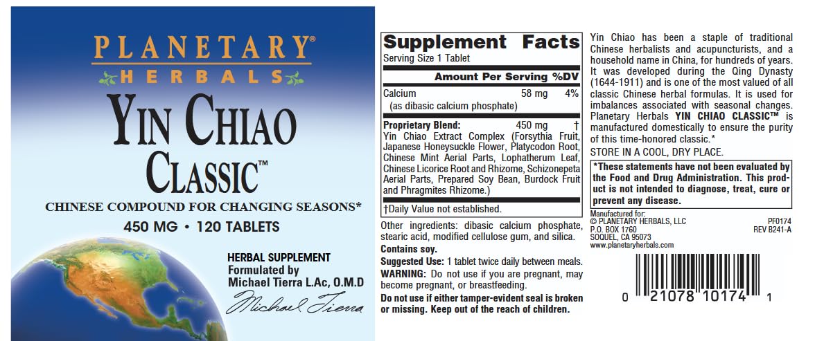 Planetary Herbals Yin Chiao Classic 450 mg Immune Formulas for Seasonal Support -120 Tablets