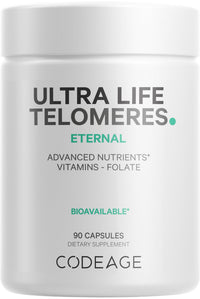 Thumbnail for Codeage Ultra Life Telomeres Supplement - 5 MTHF Folate Vitamin B9, Vitamin B12 Methylcobalamin, Vitamin D3, L-Theanine, Ashwagandha - 3-Month Supply - DNA, Methylation Cycle - Non-GMO - 90 Capsules