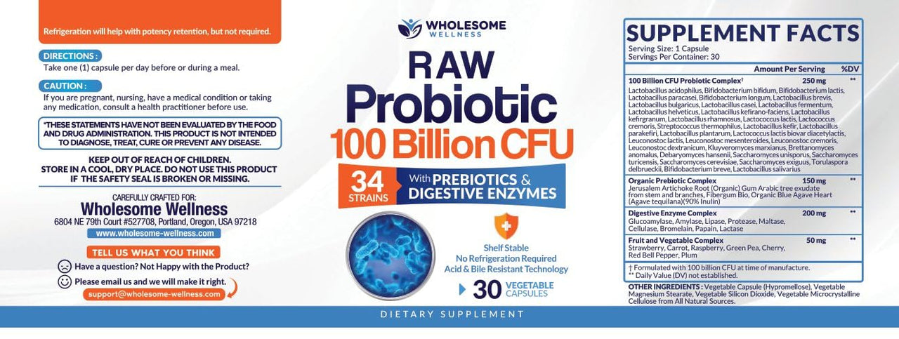 Wholesome Wellness Organic Raw Probiotics 100 Billion CFU, Dr Formulated for Women and Men, Complete Adult Supplement with Prebiotics and Digestive Enzymes; 30 Capsules, Shelf Stable