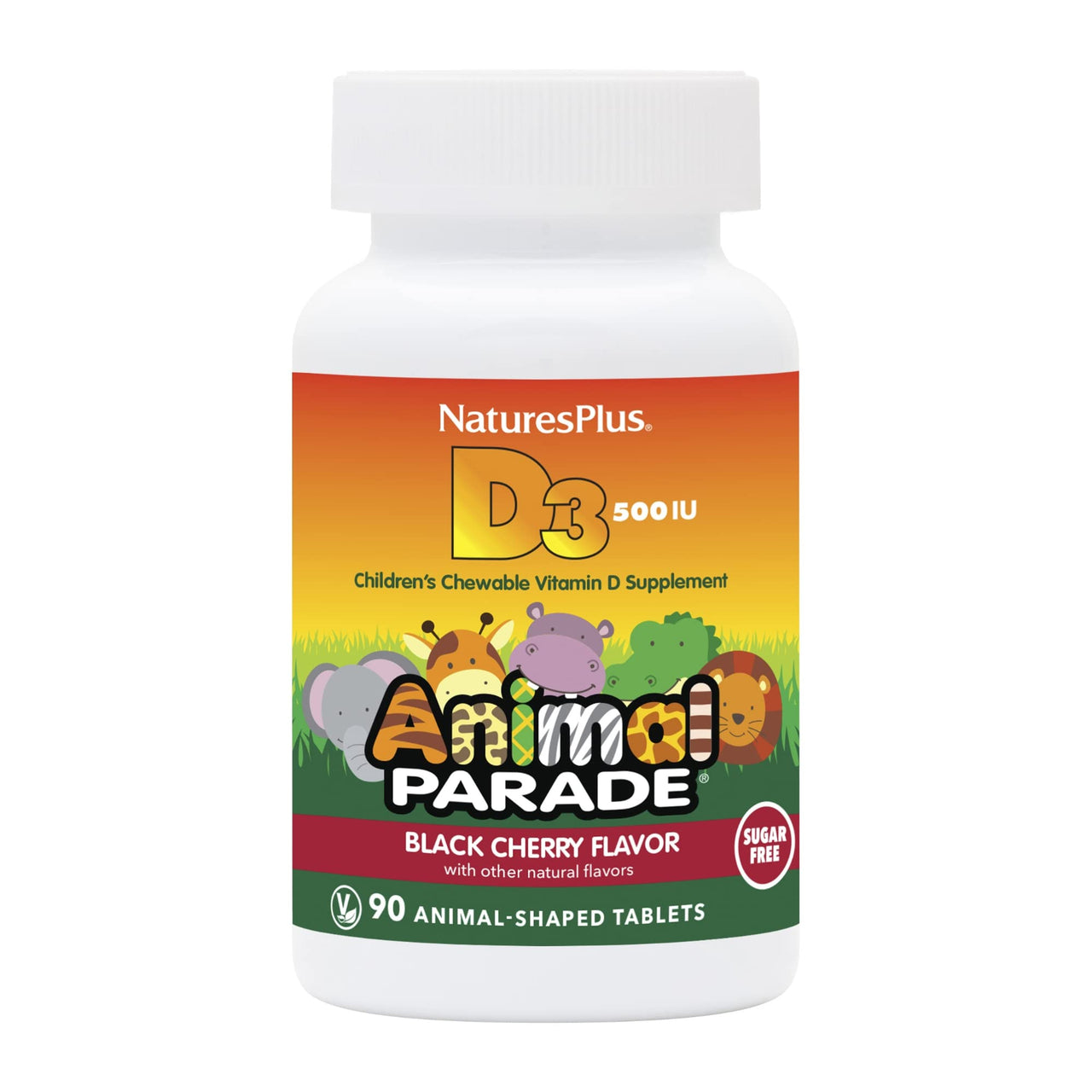 Natures Plus Animal Parade Sugar-Free Children's Vitamin D3 - 500 IU - Black Cherry Flavor - 90 Chewable Animal Shaped Tablets - Bone Health & Immune System Support - 90 Servings