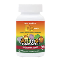 Thumbnail for Natures Plus Animal Parade Sugar-Free Children's Vitamin D3 - 500 IU - Black Cherry Flavor - 90 Chewable Animal Shaped Tablets - Bone Health & Immune System Support - 90 Servings
