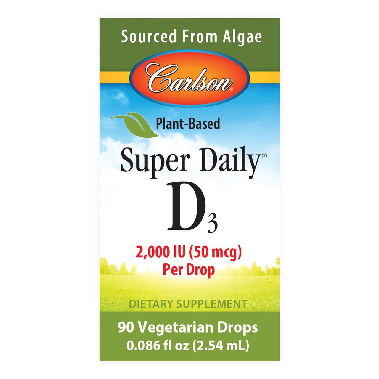 Carlson - Plant-Based Super Daily D3 2000 IU (50 mcg) per Drop, Vegetarian Vitamin D Drops, Liquid Vitamin D3, Sourced from Algae, Unflavored, 90 Drops (2.54 mL)