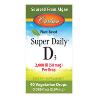 Thumbnail for Carlson - Plant-Based Super Daily D3 2000 IU (50 mcg) per Drop, Vegetarian Vitamin D Drops, Liquid Vitamin D3, Sourced from Algae, Unflavored, 90 Drops (2.54 mL)