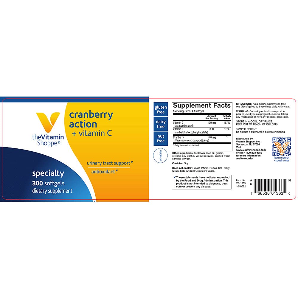 The Vitamin Shoppe Cranberry Action + Vitamin C, Antioxidant That Supports Urinary Tract Health (300 Softgels)