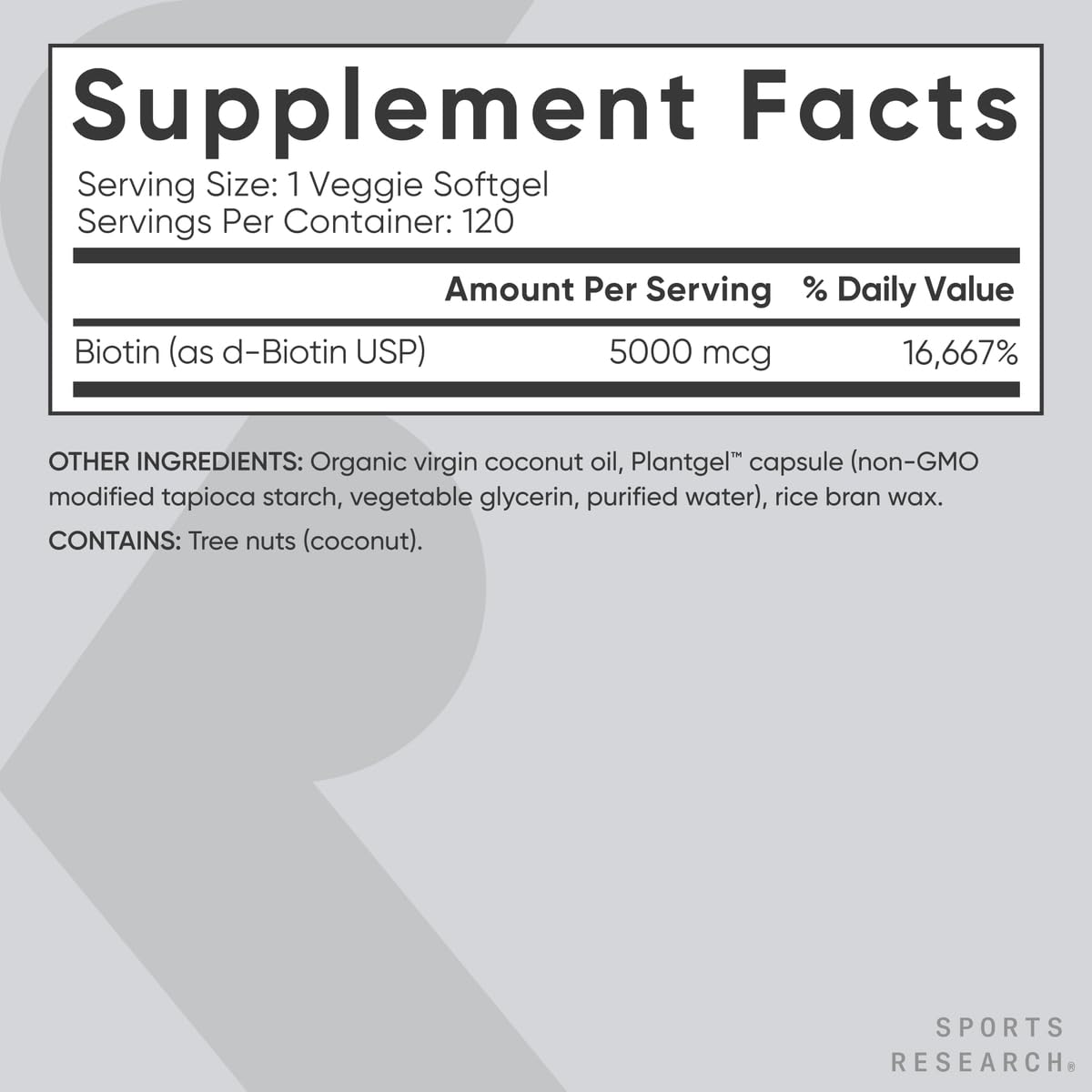 Sports Research® Healthy Hair Pack - Biotin 5,000mcg with Organic Coconut Oil + Vegan Vitamin D 5000iu & Mk7 Vitamin K 100mcg + Omega-3 Fish Oil 1250