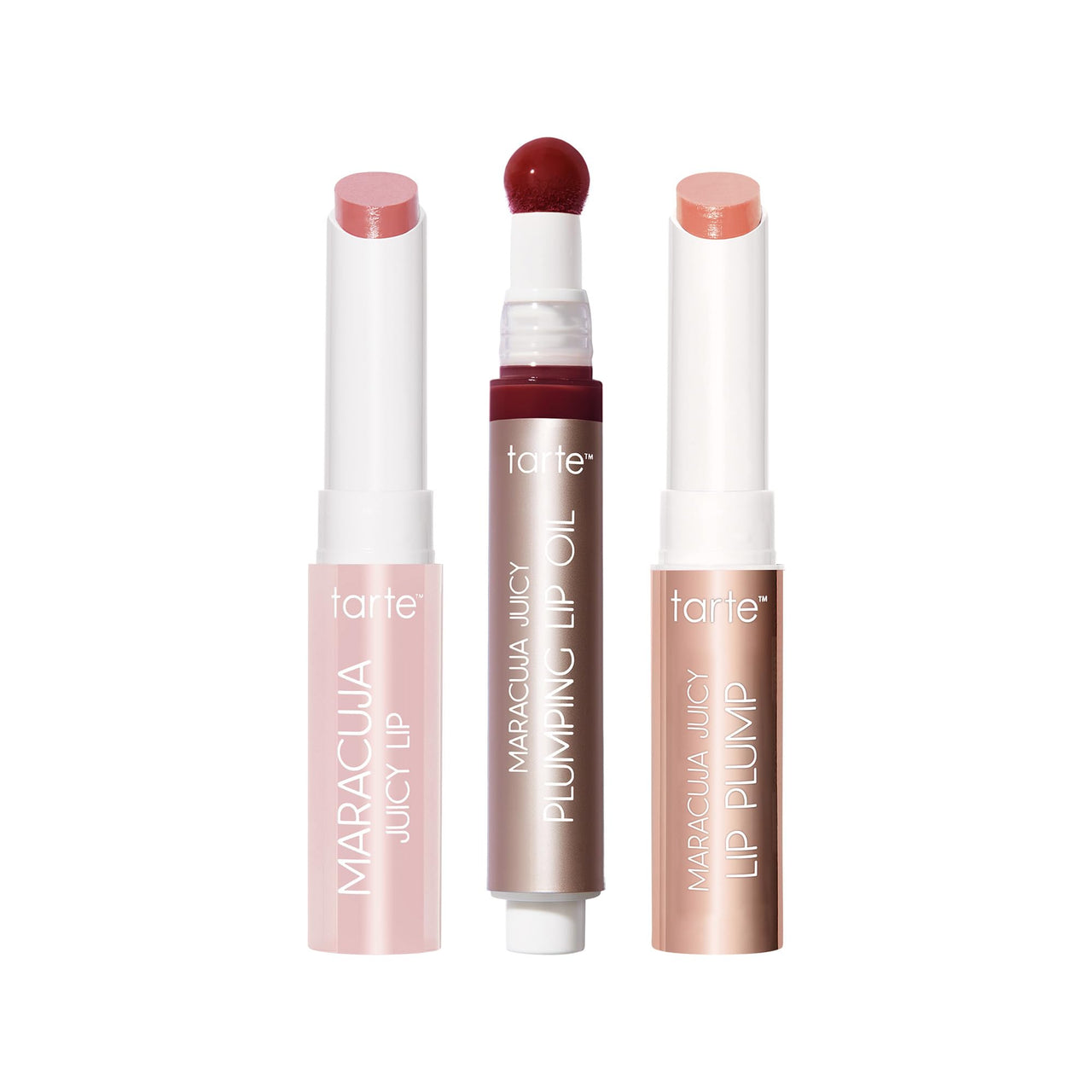 tarte maracuja juicy lip try-me wardrobe – Hydrating Lip Balm, Plumping Gloss & Plump Oil for Smooth, Moisturized Shine, Vegan & Cruelty-Free, travel size, rose, white peach & honeysuckle