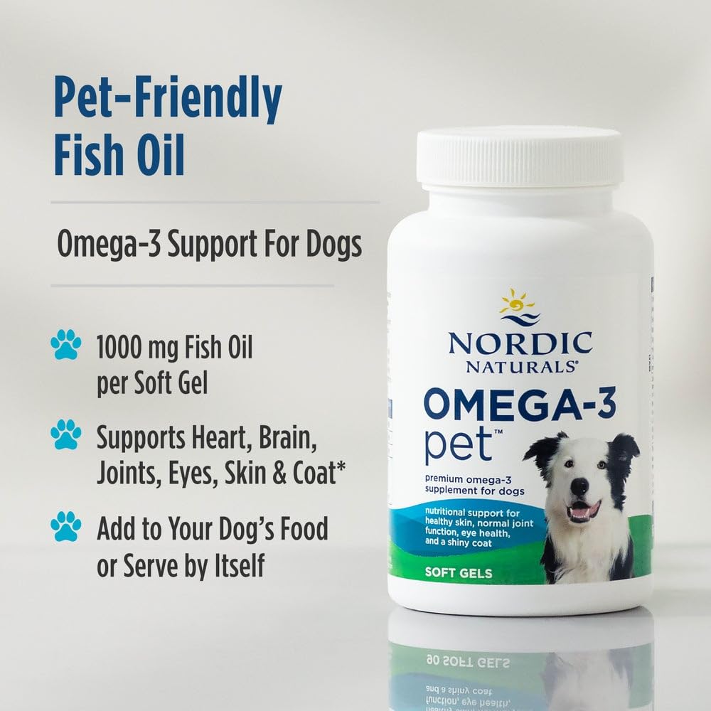 Nordic Naturals Omega-3 Pet, Unflavored - 180 Soft Gels - 320 mg Omega-3 Per Soft Gel - Fish Oil for Dogs with EPA & DHA - Promotes Heart, Skin, Coat, & Immune Health