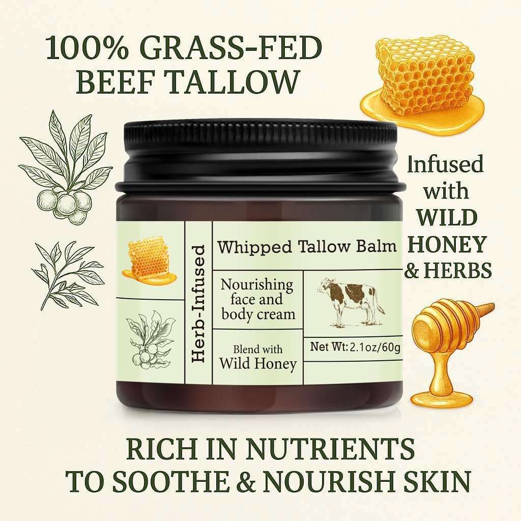 URQT Beef Tallow for Skin - Organic Grass-Fed Whipped Beef Tallow and Honey Balm - Deeply Moisturizing for Face & Body - Natural Skin Care for Soft, Supple Skin