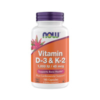 Thumbnail for Now Supplements Vitamin D3 K2, 1,000 IU/45 mcg, Cardiovascular Support, Supports Bone Health, 180 Vegetarian Capsules - Vegan, Gluten Free, Kosher