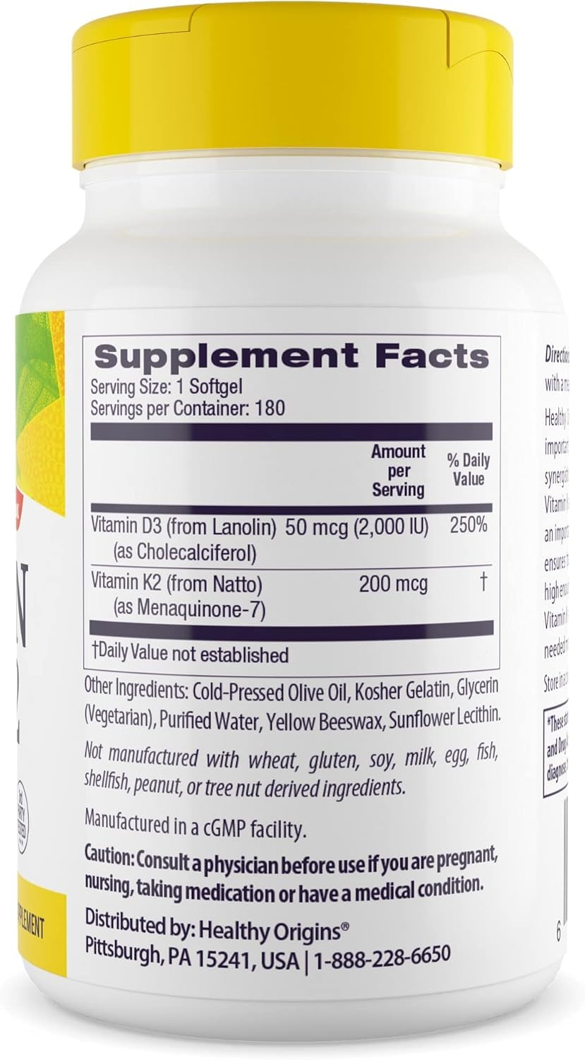 Healthy Origins Vitamin D3 2,000 IU (50 mcg) & K2 200 mcg (Non-GMO, 3rd Party Tested, Bone Support, Cardiovacsular Support), 180 Softgels