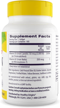 Thumbnail for Healthy Origins Vitamin D3 2,000 IU (50 mcg) & K2 200 mcg (Non-GMO, 3rd Party Tested, Bone Support, Cardiovacsular Support), 180 Softgels