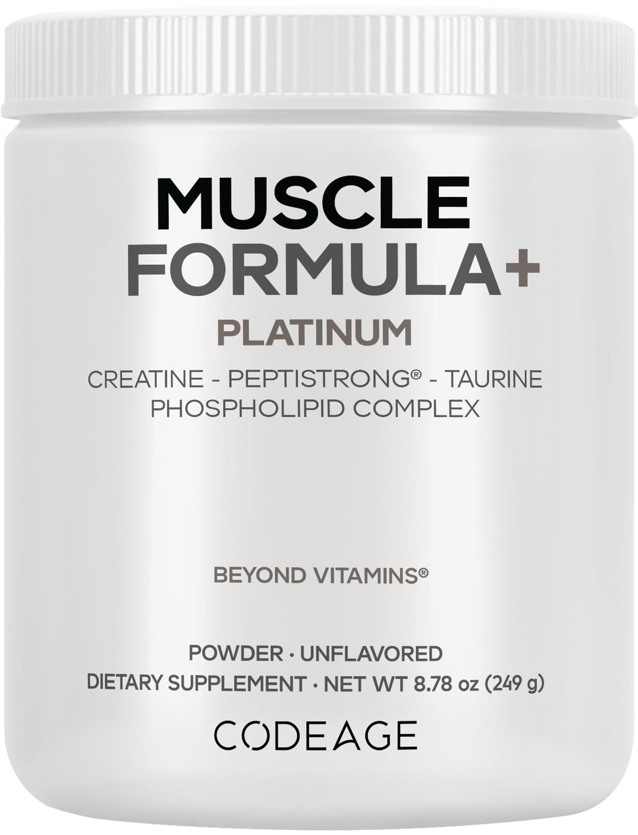 Codeage Muscle Formula+ Platinum Supplement - Creatine Monohydrate, PeptiStrong Fava Bean Protein Hydrolysate, Taurine, Vitamin D3, Liposomal Delivery - Non-GMO - Unflavored Protein Powder - 8.78 Oz