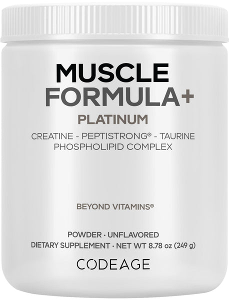 Codeage Muscle Formula+ Platinum Supplement - Creatine Monohydrate, PeptiStrong Fava Bean Protein Hydrolysate, Taurine, Vitamin D3, Liposomal Delivery - Non-GMO - Unflavored Protein Powder - 8.78 Oz