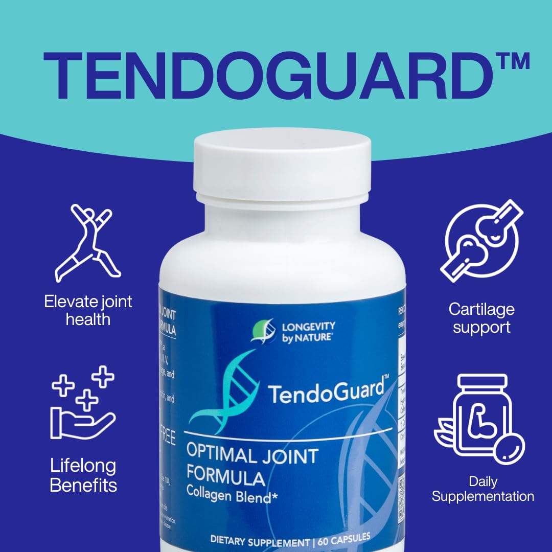 Longevity by Nature TendoGuard Joint Support Supplement with Collagen Peptides, Hyaluronic Acid Supplements, Tendon and Ligament, 60 Capsules