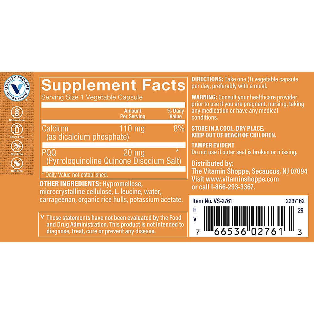 PQQ (Pyrroloquinoline Quinone Disodium Salt) - Mitochondria & Cognitive Support - 20 MG (60 Vegetarian Capsules)