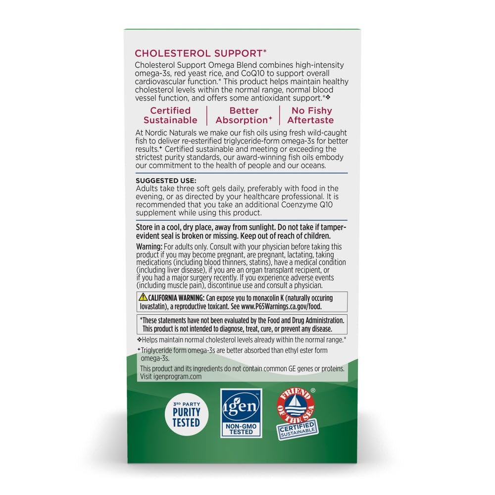 Nordic Naturals Cholesterol Support, Lemon - 60 Soft Gels - 975 Omega-3 + Red Yeast Rice & CoQ10 - Normal Cholesterol, Antioxidant Support - EPA & DHA - Non-GMO - 20 Servings