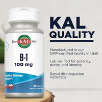 Thumbnail for KAL Vitamin B1 100 mg, Thiamine Supplement for Metabolism, Healthy Energy, Skin, Nervous System, Heart Health and Brain Support, Vegan Vitamin, 60-Day Money Back Guarantee, 100 Servings, 100 Tablets
