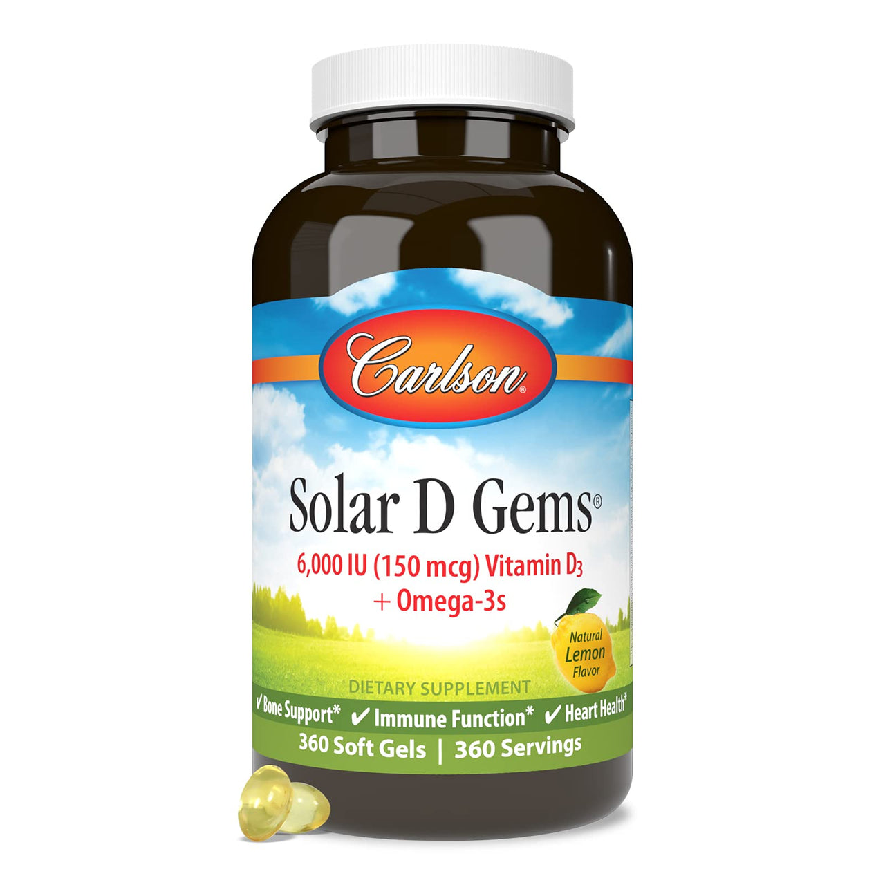 Carlson - Solar D Gems, Vitamin D3 and Omega-3 Supplement, 6000 IU (150 mcg) Vitamin D3, 115 mg Omega-3s EPA and DHA Supplement, Wild Caught, Sustainably Sourced, Lemon, 360 Softgels