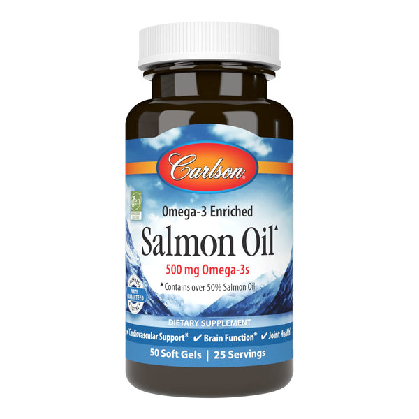 Carlson Salmon Oil, 500mg Omega-3s, Wild-Caught Norwegian Fish Oil, Sustainably Sourced, 50 Softgels