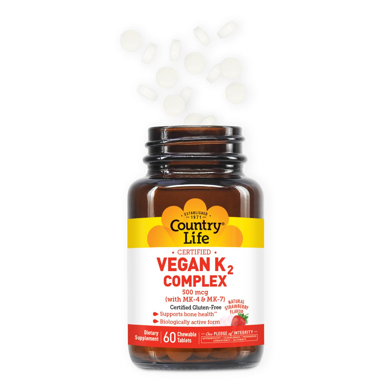 Country Life® Vegan K2-500 mcg, 60 Ct. Chewable Tablets. Strawberry Flavor - Certified Gluten Free - Certified Vegan by AVA – to Support Bone Health