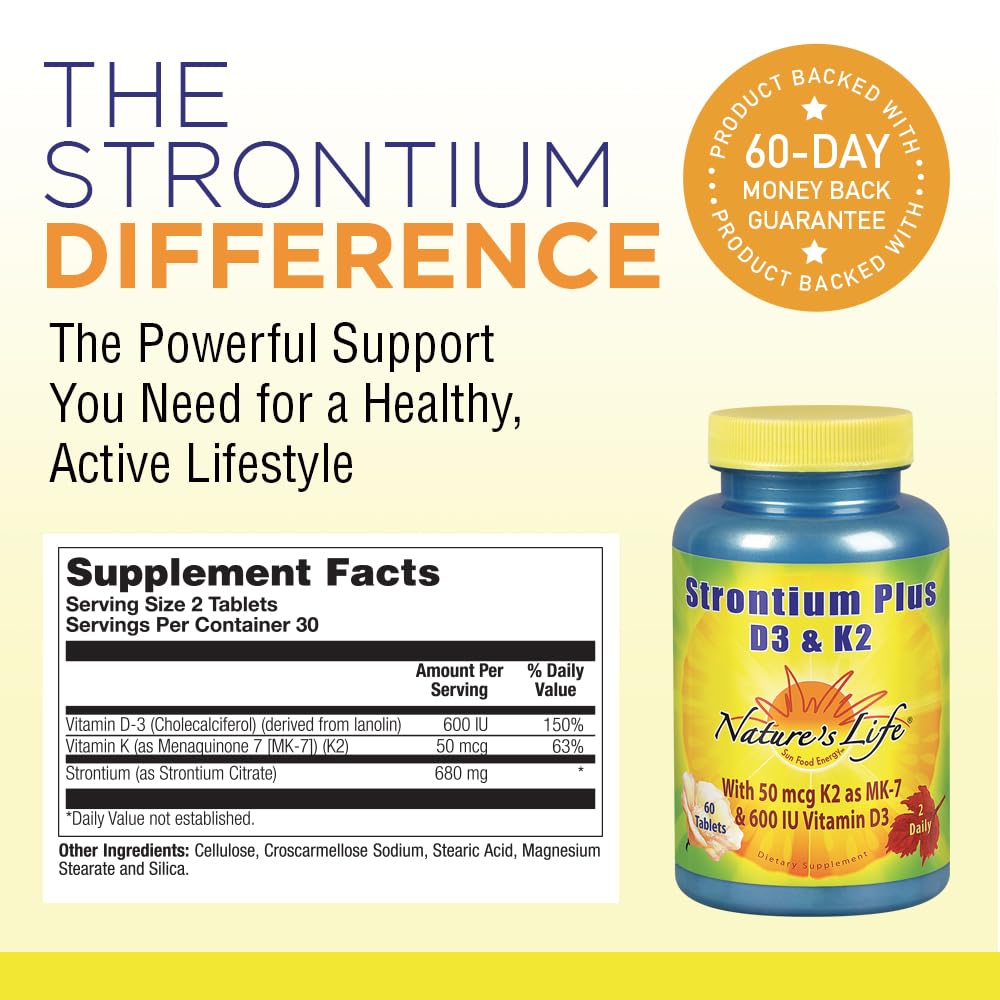 Nature's Life Strontium Plus D3 & K2 Supplement - Healthy Bone Support for Women & Men, Stronium Citrate Trace Mineral, Nutritional Support for Adults, Vegetarian & Bioavailable - 60 Tablets