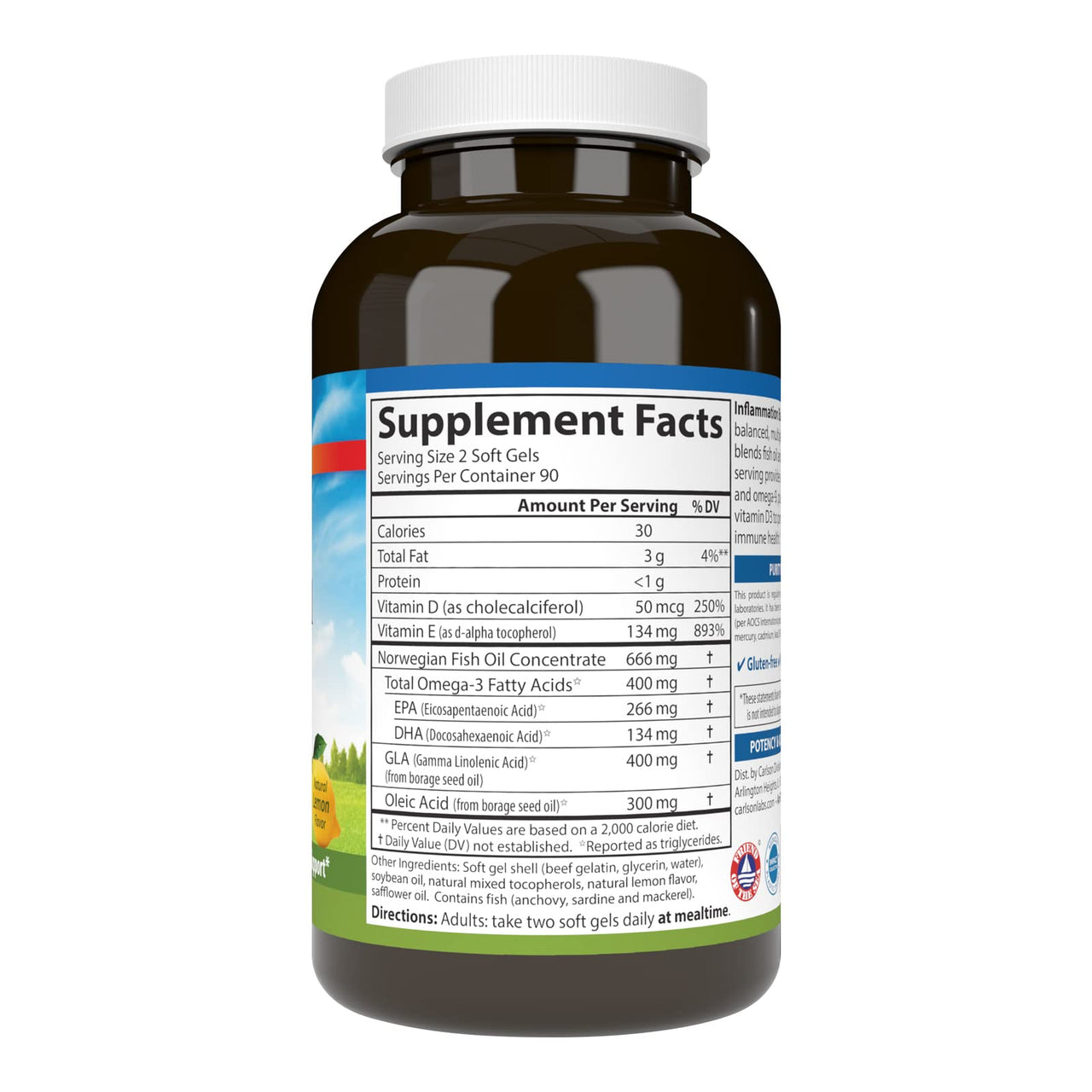 Carlson - Inflammation Balance, Balanced Omega-3 & Omega-6 Ratio, with D3, Norwegian, Wild-Caught Fish Oil Supplement with Fatty Acids, Sustainably Sourced Fish Oil Capsules, 180 Softgels