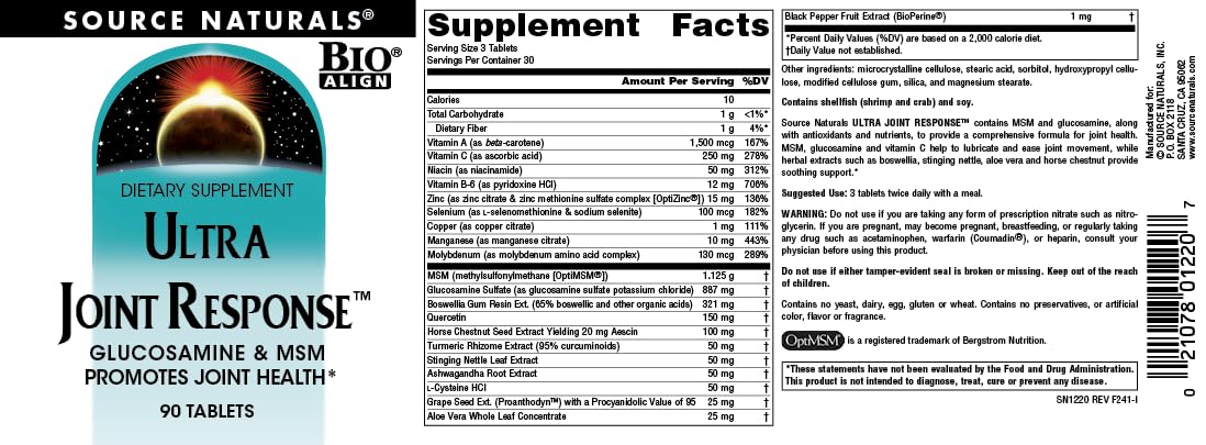 Source Naturals Ultra Joint Response, Bio-Align, Glucosamine and MSM, Promotes Joint Health* - 90 Tablets