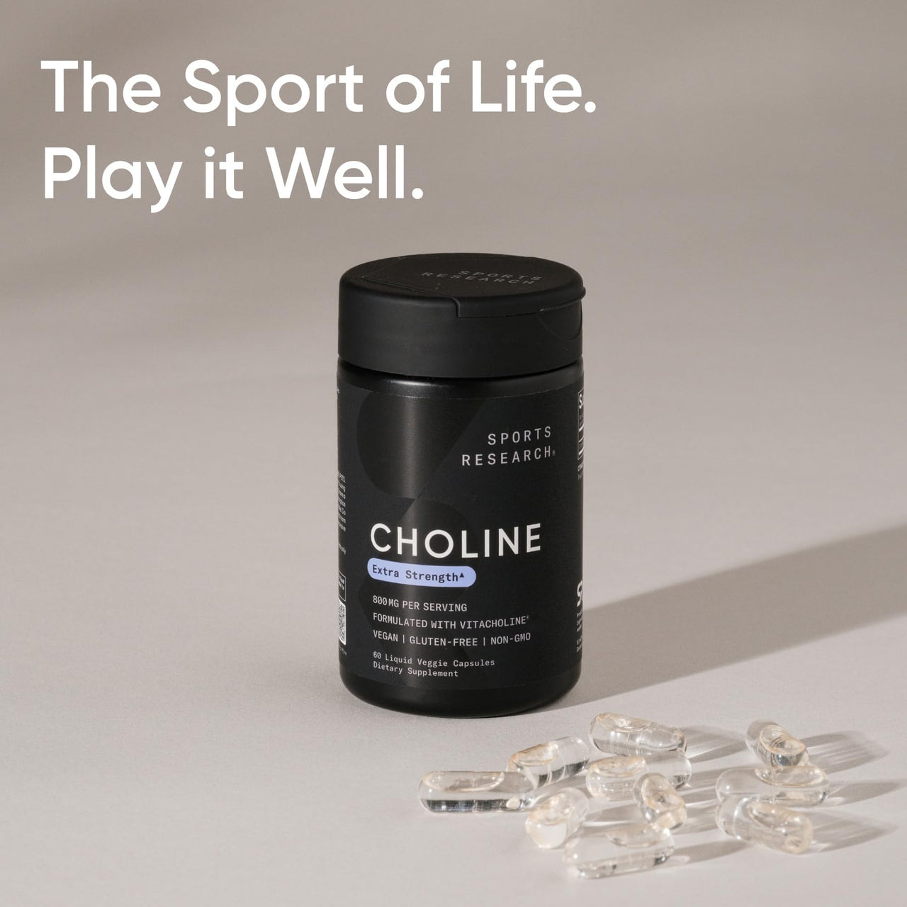 Sports Research ® Extra Strength Choline 800 mg - Essential Nutrient Featuring VitaCholine ® for Focus Support - Vegan Certified • Non-GMO • Gluten Free - 60 Liquid Capsules