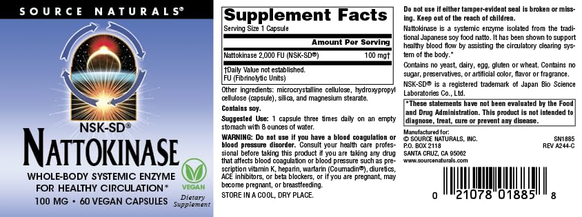 Source Naturals NSK-SD Nattokinase, Systemic Enzyme for Healthy Circulation* 100mg - 60 Vegan Capsules