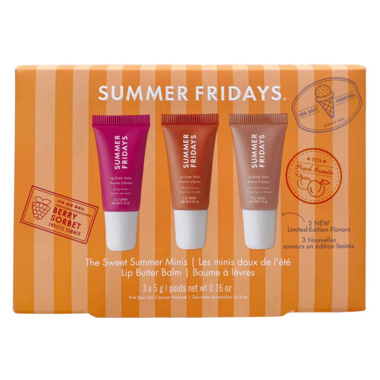 Summer Fridays Limited Edition The Sweet Summer Minis Lip Butter Balm Set - Berry Sorbet, Peach Granita & Sea Salt Caramel
