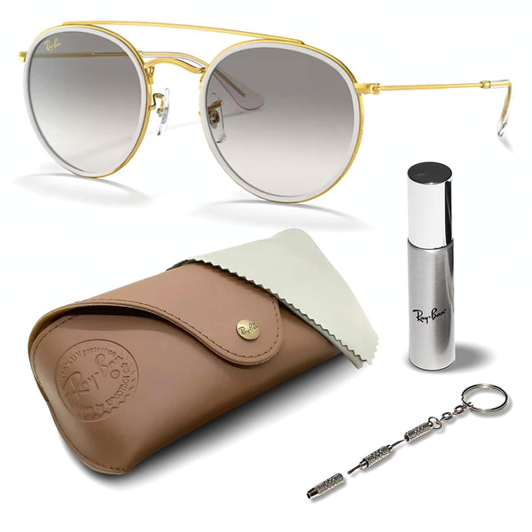 Ray-Ban RB3647N ROUND DOUBLE BRIDGE Round Shaped Non-Polarized Sunglasses for Men & Women – Includes Official RAYBAN Eyewear Kit – Ideal Formal & Casual Wear Sunglasses – Clear Grey Lens