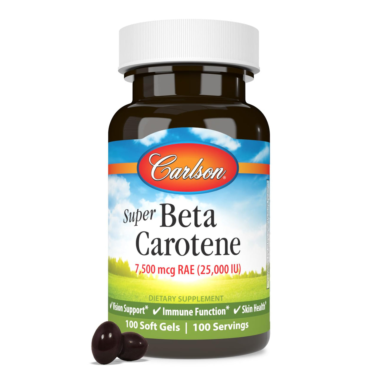 Carlson Super Beta Carotene 25,000 IU, Vitamin A as Beta Carotene, Antioxidant Support for Vision, Skin & Immune Health, 100 Soft Gels