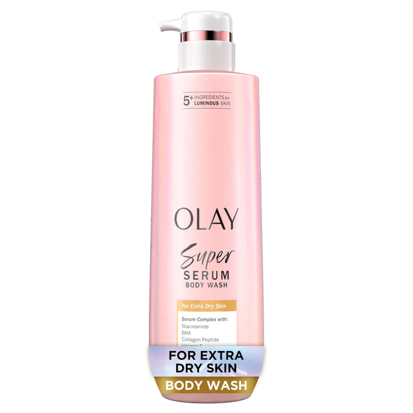 Olay Super Serum Body Wash for Extra Dry Skin, 24hr Long Lasting Hydration, 5+ Ingredient Complex for Bright Even Firm Luminous Skin, 18.5 Fl Oz