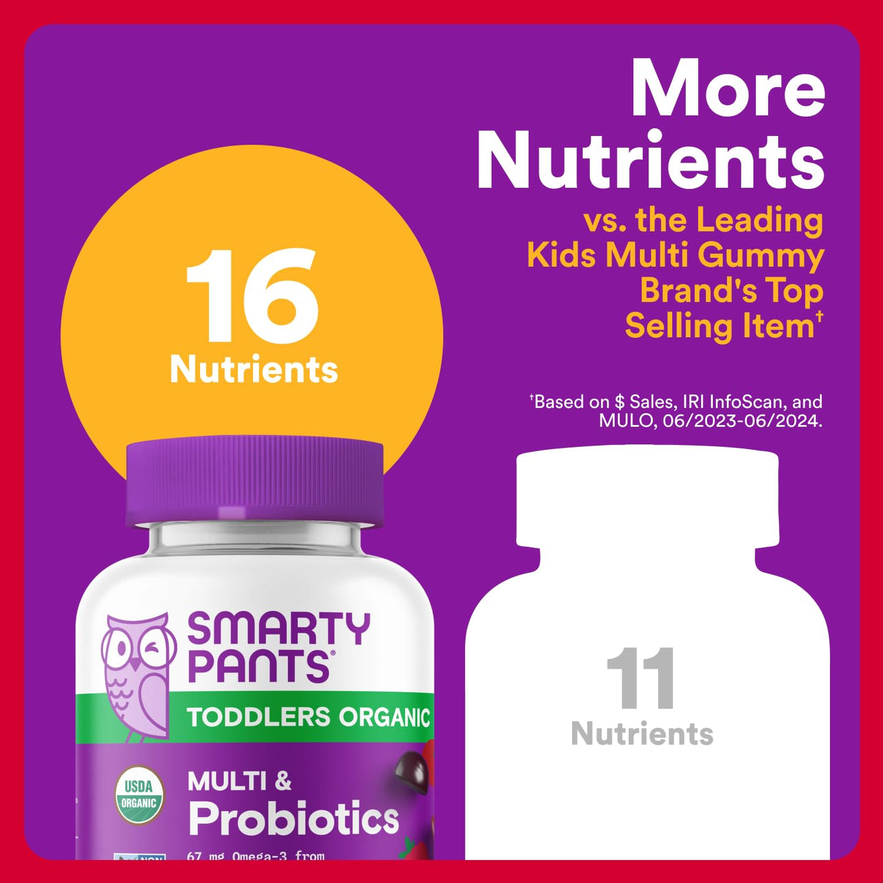 SmartyPants Organic Toddler Multivitamin Gummies: Probiotics, Omega 3 (ALA), Vitamin D3, C, Vitamin B12, B6, A, K & Zinc, Beta Carotene, Gluten Free, Three Fruit Flavors, 60 Count (30 Day Supply)