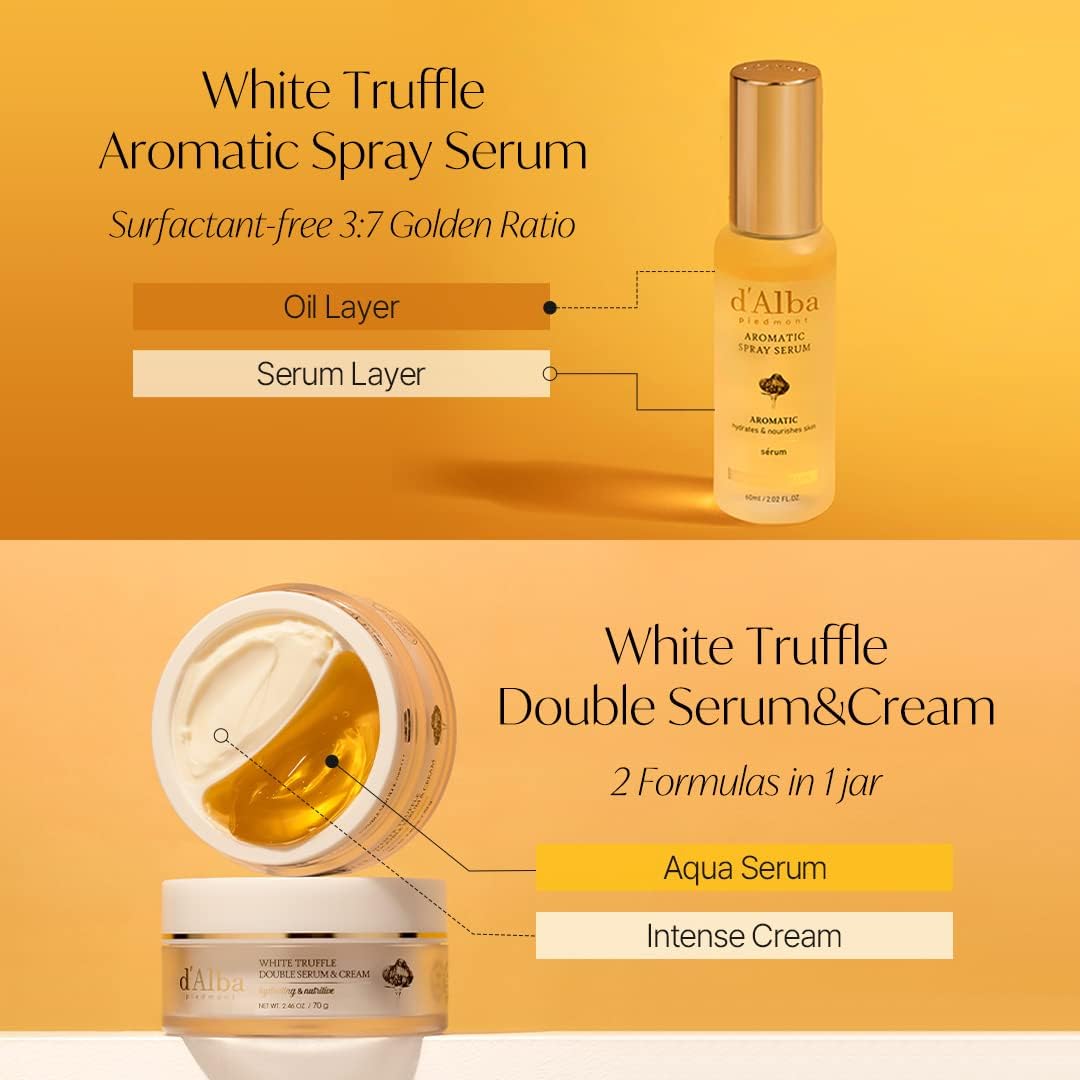 d'alba Piedmont White Truffle Essencial Gift Sets, First Aromatic Spray Serum & Double Serum & Cream, Korean Skin Care Deep Face Moisturizer, Gift for Women