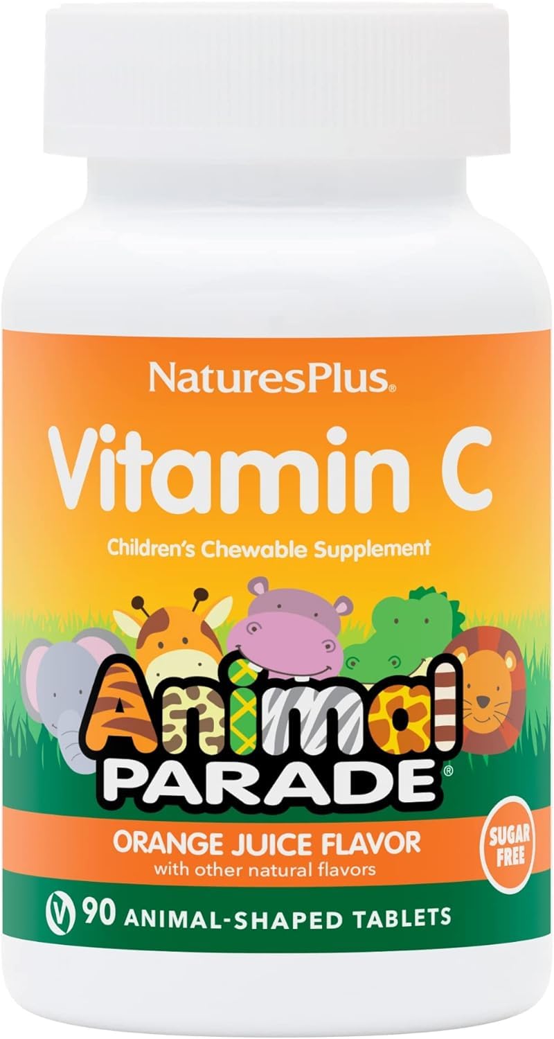 NaturesPlus Animal Parade Sugar-Free Children's Vitamin C, Natural Orange Juice Flavor - 90 Chewable Animal Shaped Tablets - Immune Support - Gluten Free - 45 Servings