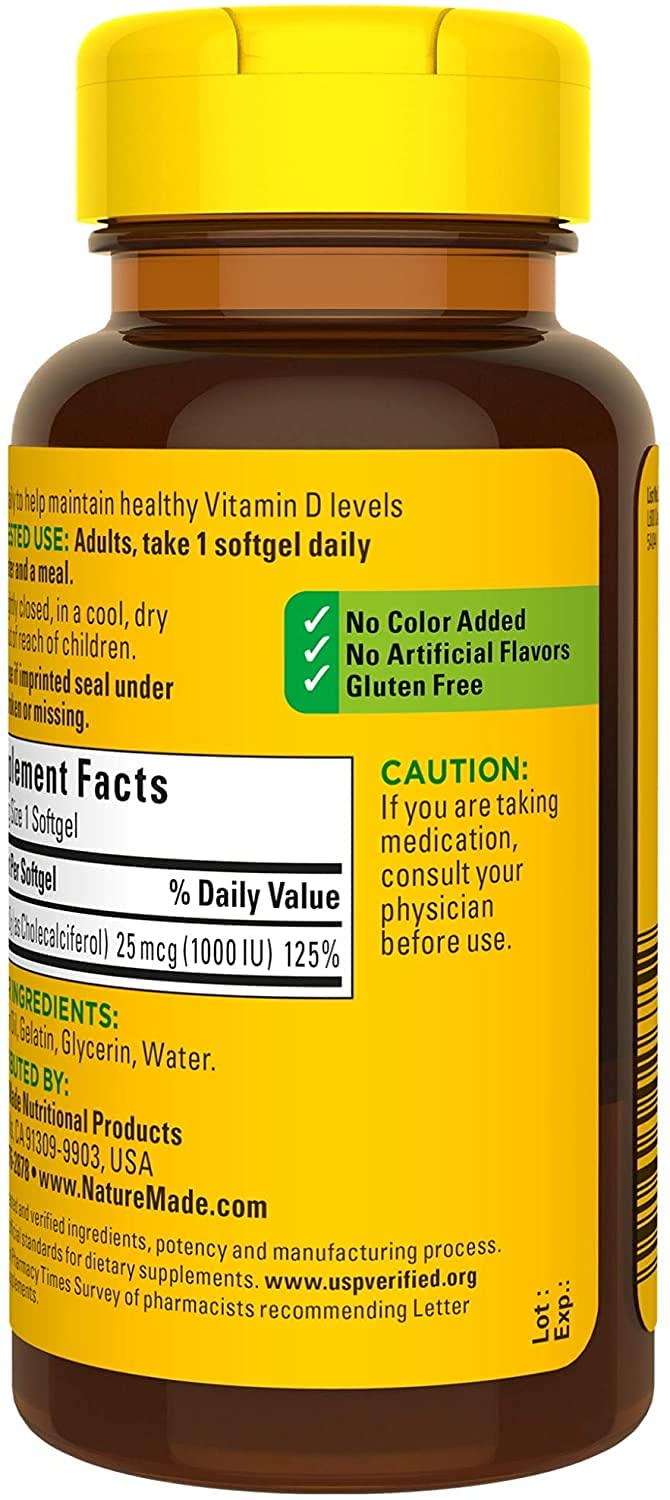 Nature Made Vitamin D3 1000 IU Supplement Liquid Softgels, 100 Count, (Pack of, 2)