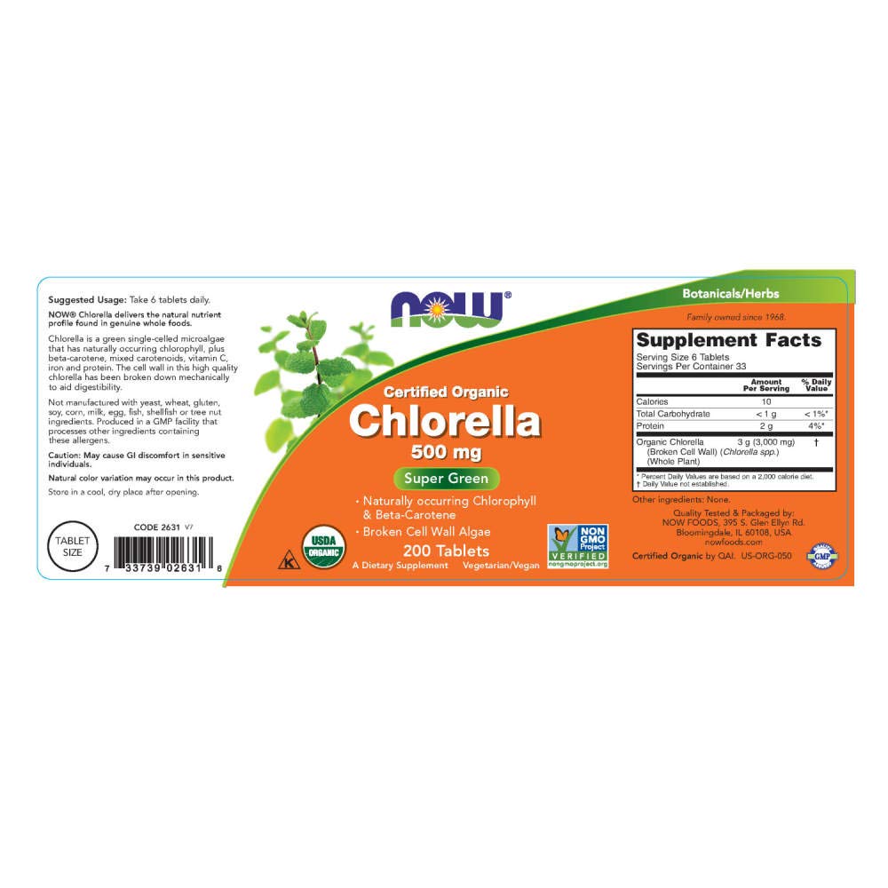 Now Foods Chlorella 500 mg, 200 Tablets (Pack of 2)